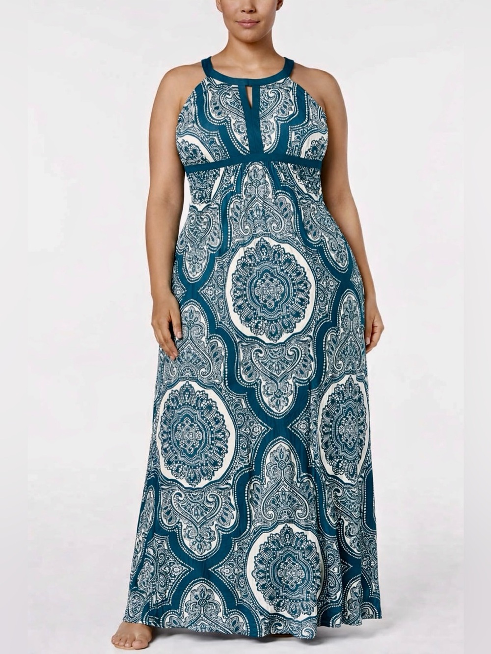I.N.C. International Concepts Paisley Print Halter Maxi Dress Teal & White XXXL